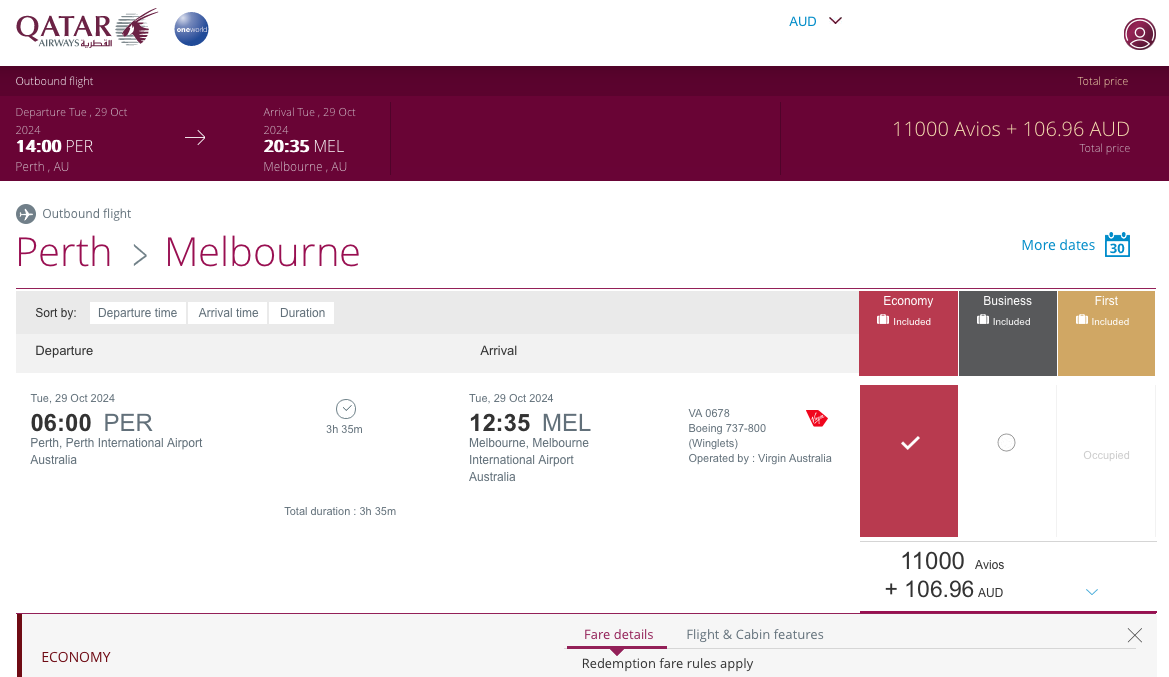 Virgin Australia Economy reward from Perth to Melbourne on the Qatar Airways website, as of September 2024