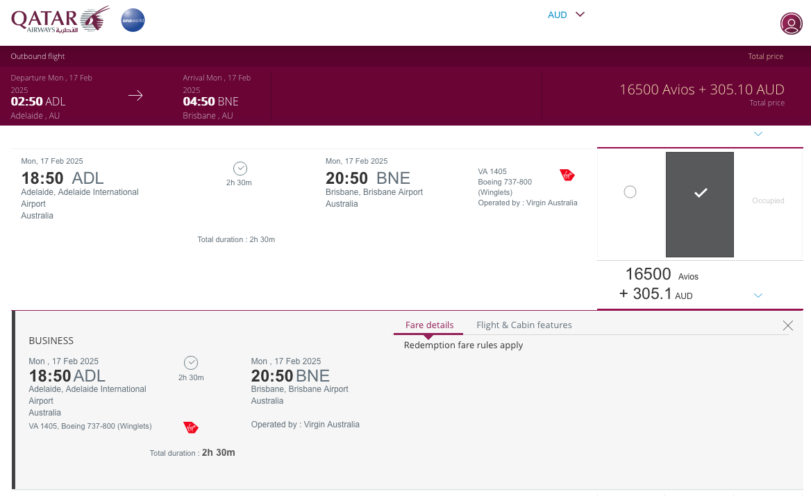 Example of a Virgin Australia Business redemption from Adelaide to Brisbane on the Qatar Airways website in September 2024