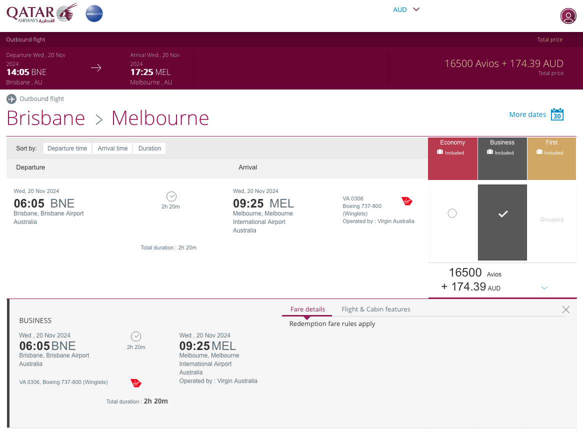 Quote for a Brisbane-Melbourne redemption on the Qatar Airways website, as of September 2024