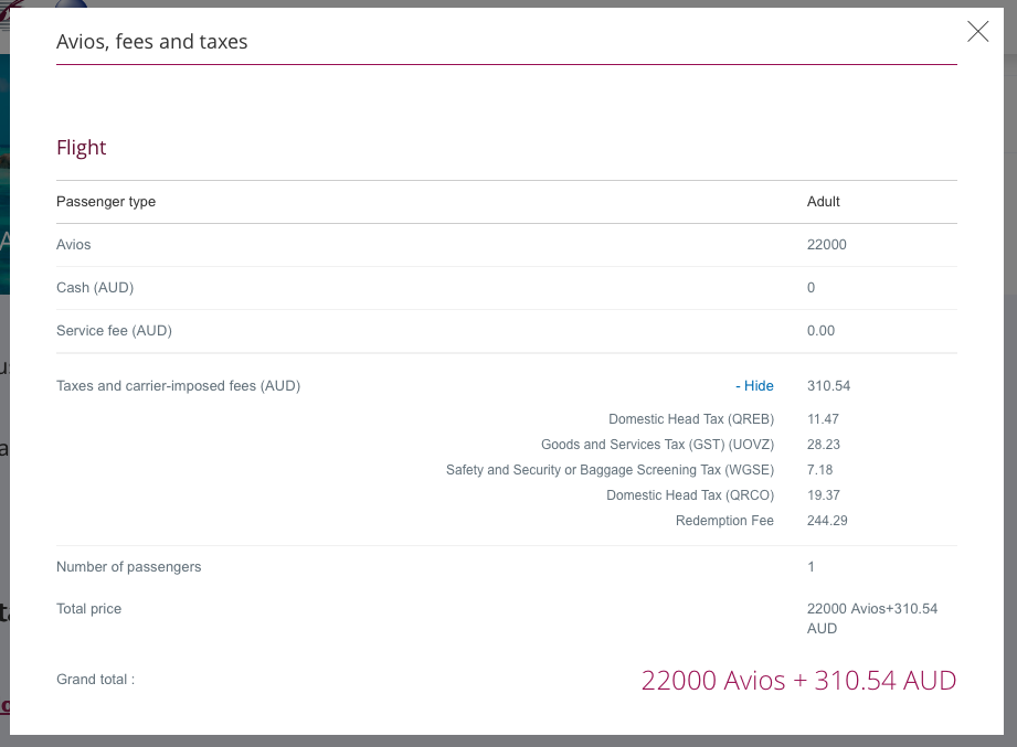 Breakdown of the fees and charges on a QR Business reward flying VA from PER to MEL