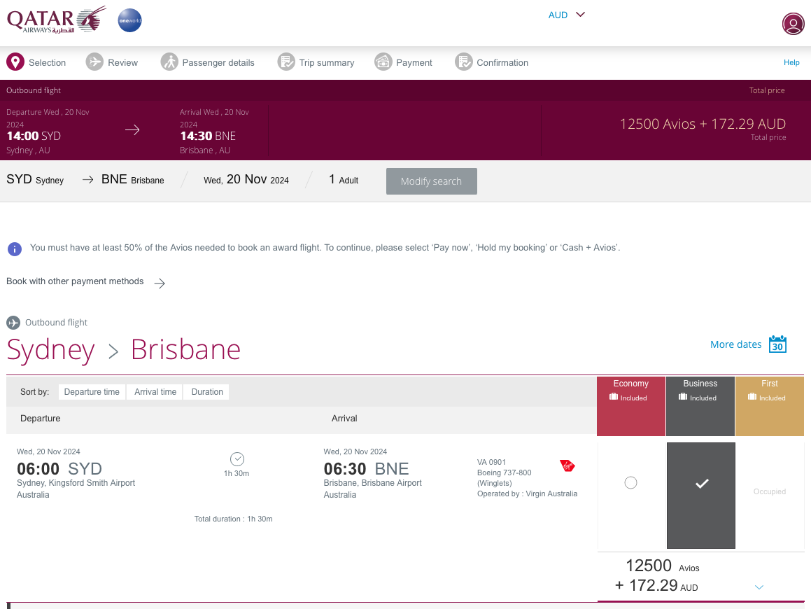 Screenshot from the Qatar Airways website in September 2024