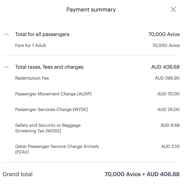 Breakdown of the taxes, fees & charges on a Business Class MEL-DOH redemption on the Qatar Airways website