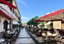 Restaurants in front of the main mosque in Shkodër, Albania