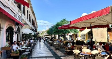 Restaurants in front of the main mosque in Shkodër, Albania