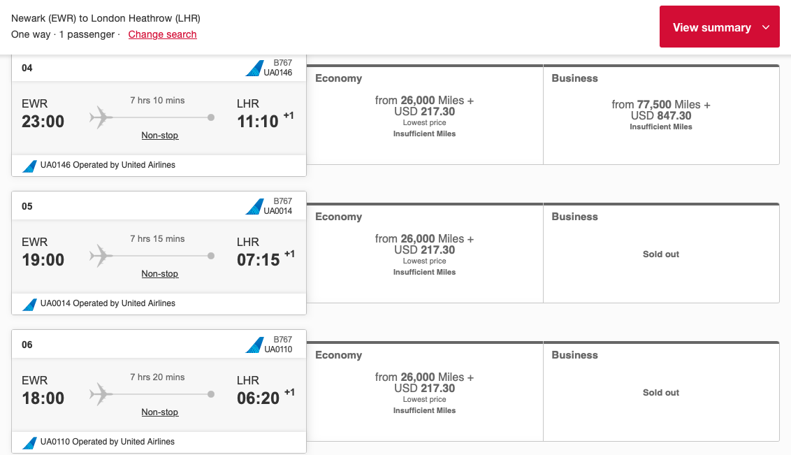 Emirates Skywards reward booking from Newark to London on United