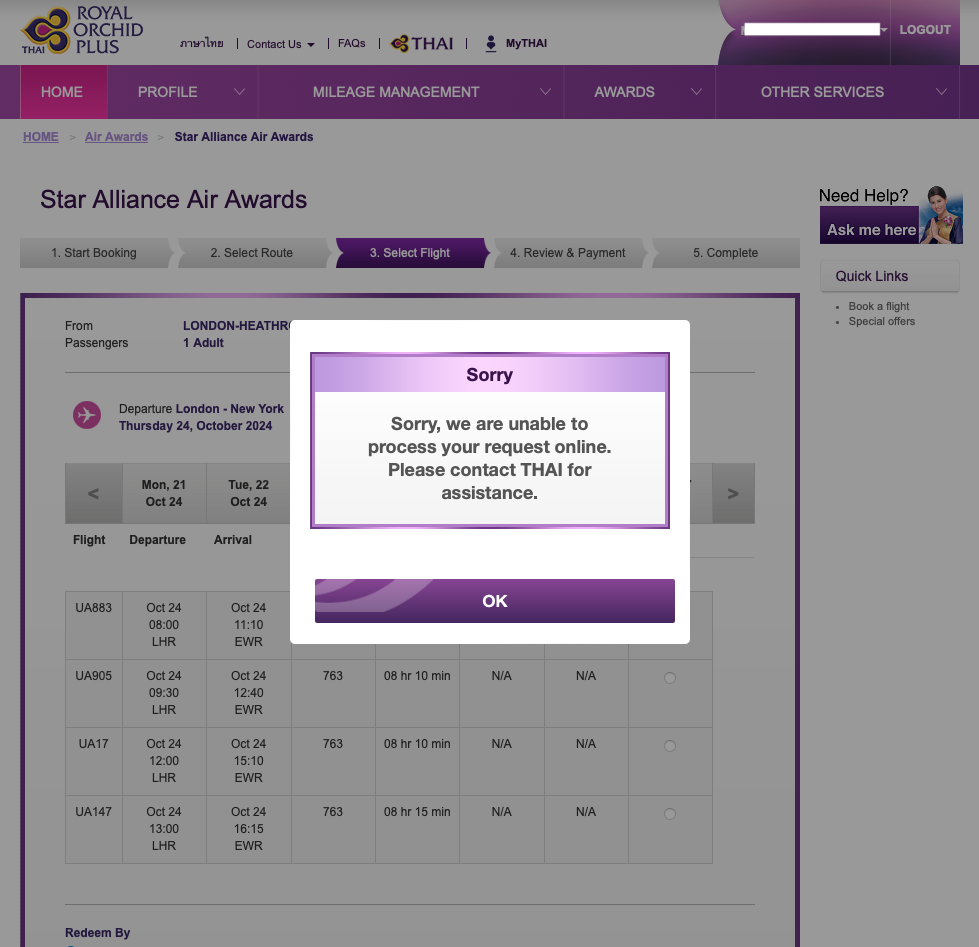 Thai Airways website error message with Star Alliance award booking