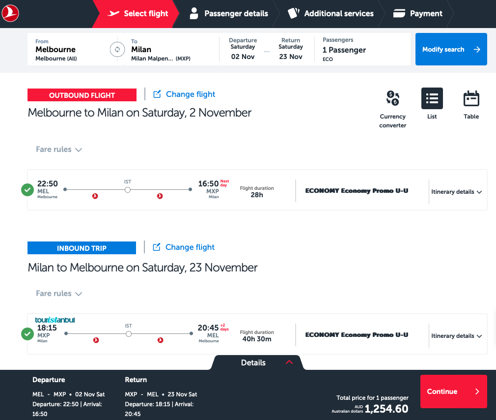 Turkish Airlines airfare from MEL to MXP