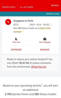 QFF website on Chrome mobile, Upcoming flights showing status earn as points club member (excl. DSC)