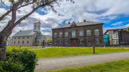 23 Reykjavik Parliament House and Dómkirkjan.jpg