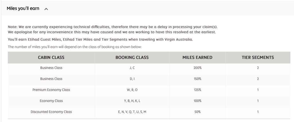 Etihad Guest earn rates for Virgin Australia flights