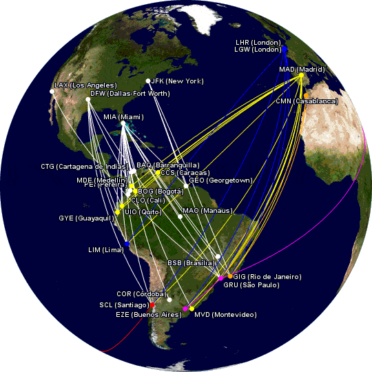 Oneworld airline routes to/from South America in May 2020