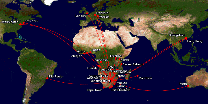 South African Airways route map in February 2020