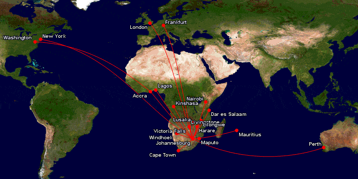 South African Airways route map in March 2020