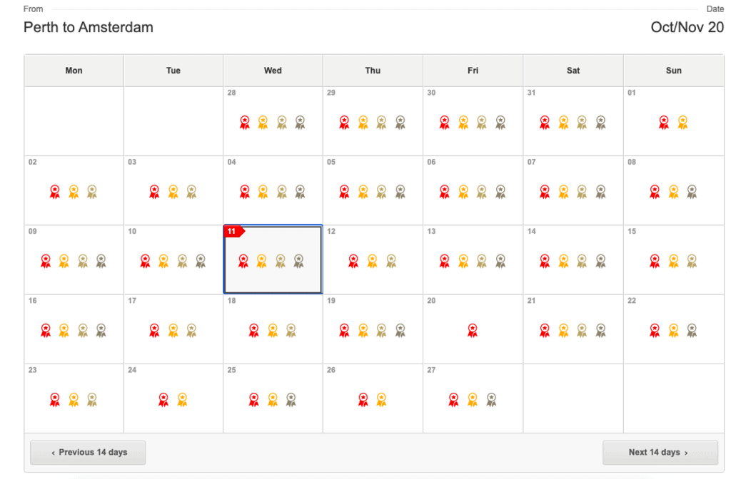 Award availability from Perth to Amsterdam on the Qantas website