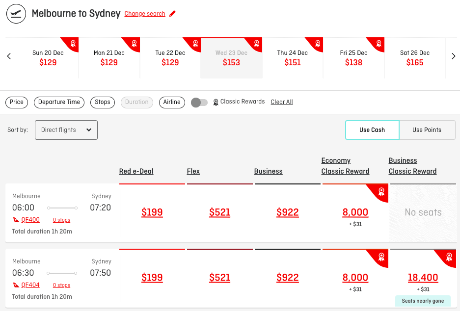 Qantas Melbourne-Sydney fares on 23 December 2020 (the $153 fare is Avalon-Sydney with Jetstar - the lowest Qantas fare is $199).