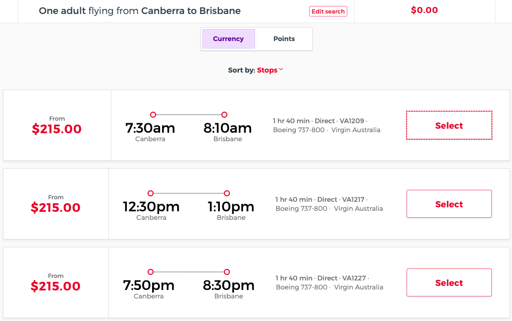 Virgin Australia Canberra-Brisbane fares on 12 January 2021