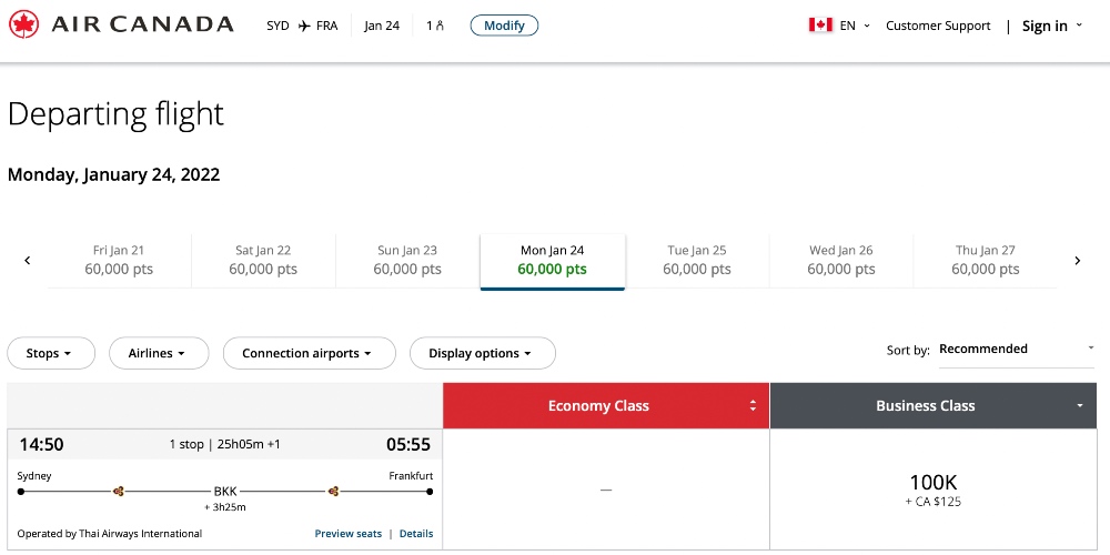 Air Canada website screenshot