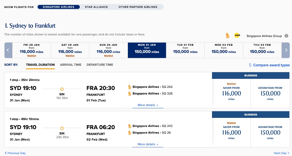 Singapore Airlines website screenshot