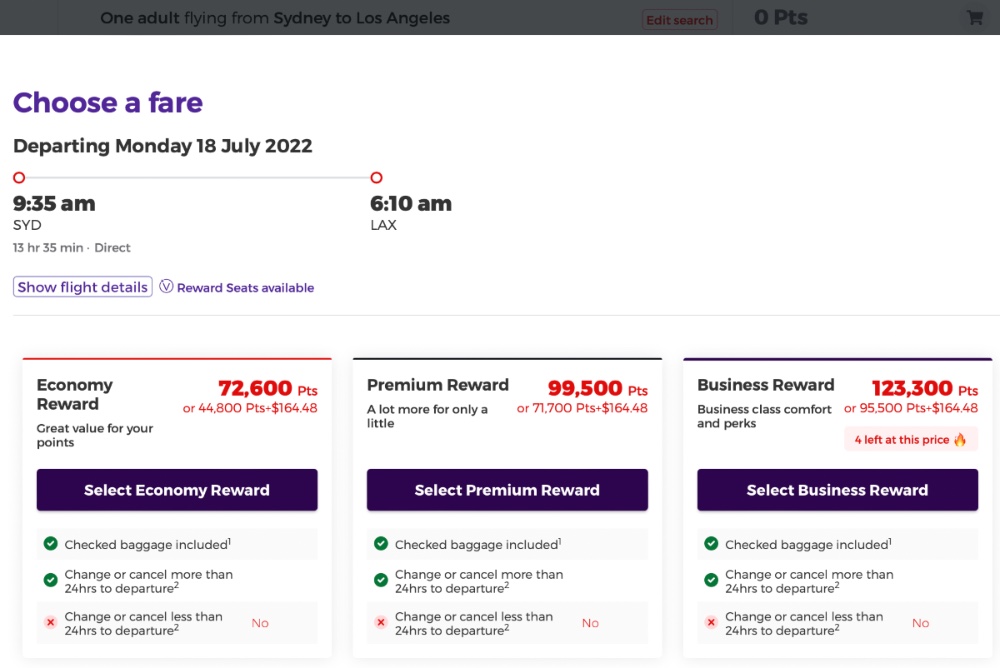 Current Delta reward seat availability on the Virgin Australia website