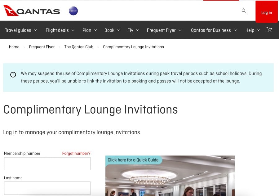 Screenshot from the Qantas Lounge Invitations Portal