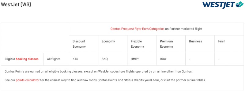 Qantas Frequent Flyer earn categories for WestJet flights