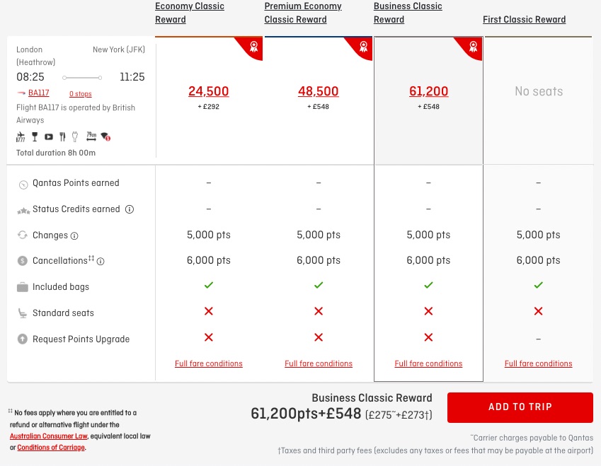 Example of Qantas Classic Flight Reward pricing for travel on British Airways from London to New York