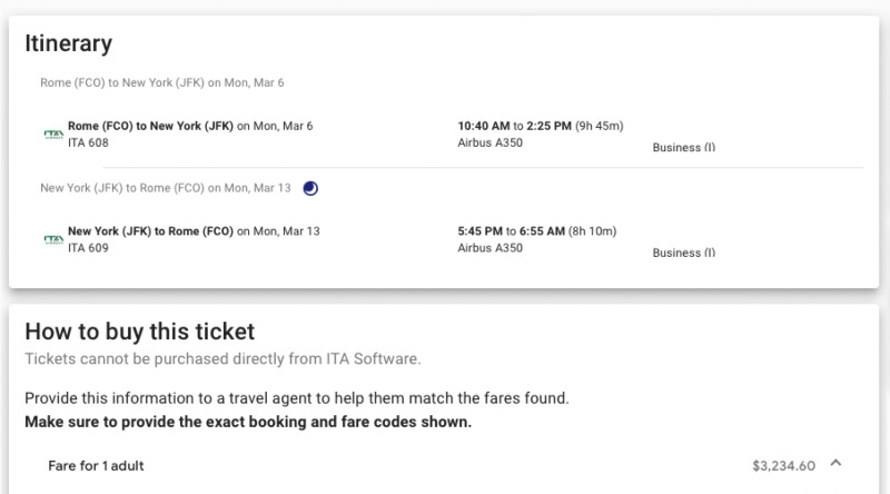 ITA Airways Business Class "I" airfare from Rome to New York