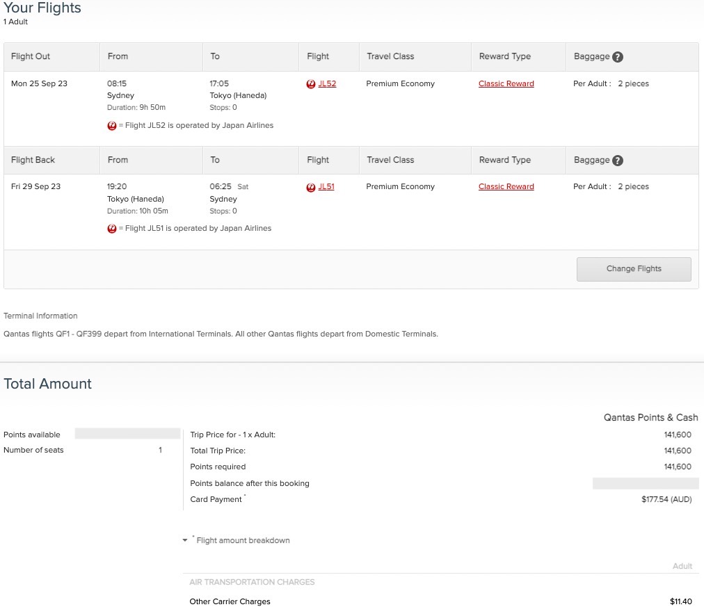 Qantas website quote for a return JAL Premium Economy reward booking from Sydney to Tokyo.