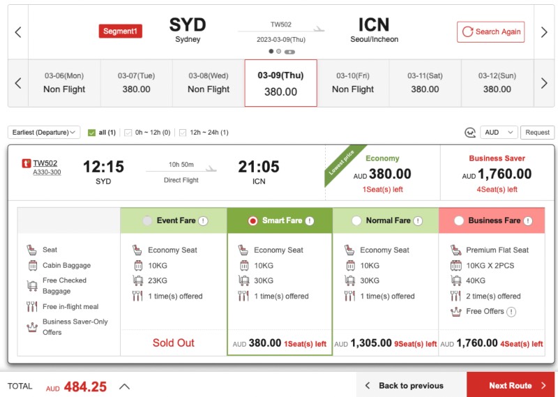 One-way fares from Sydney to Seoul on the T'way Air website